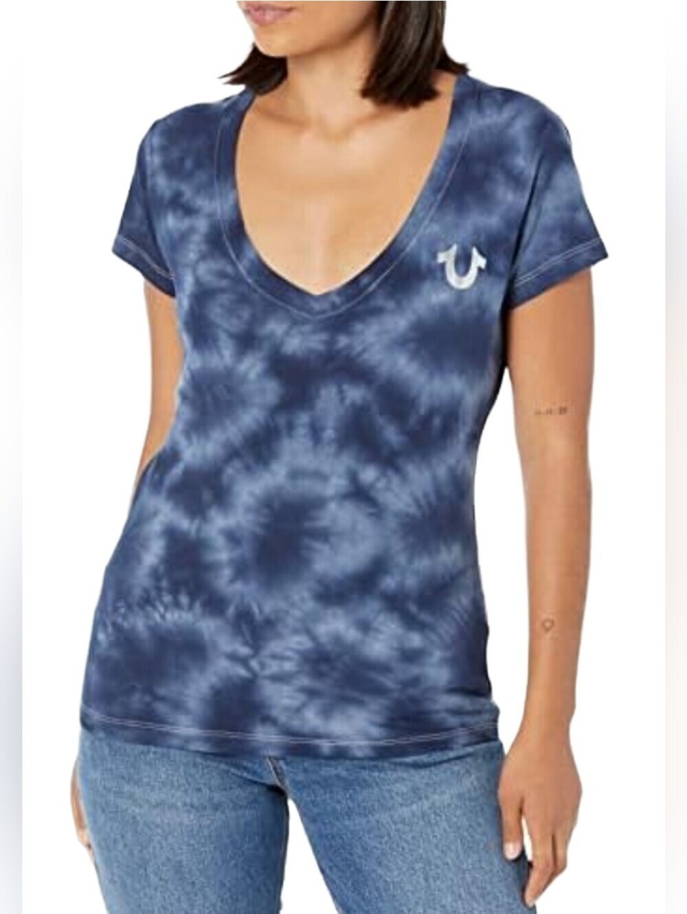 True Religion Women's Bluestone Tie-Dye V-Neck Buddha Foil Logo T-Shirt Size XL